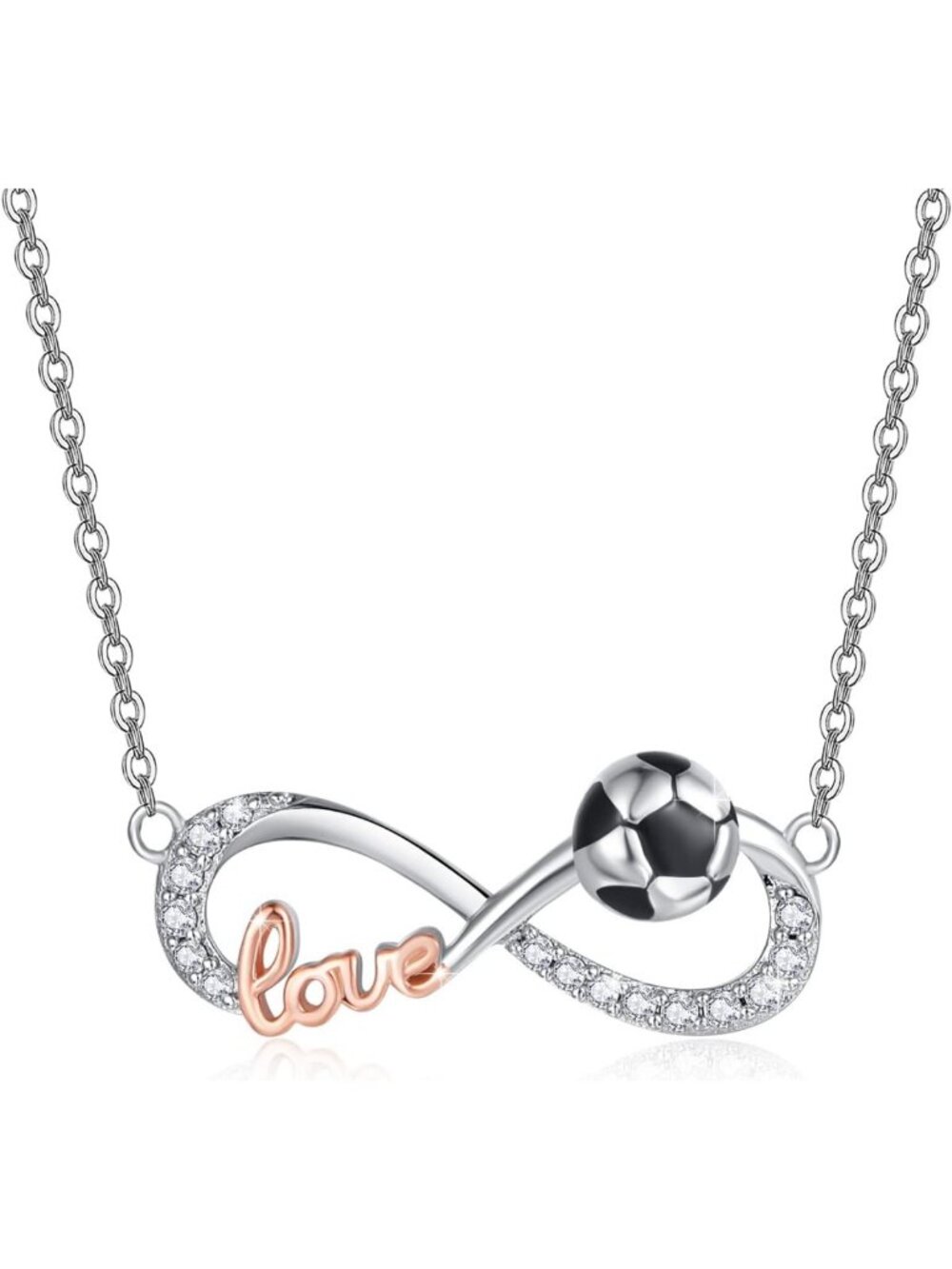 Sterling Silver Infinity Soccer Pendant Necklace, Zirconia Football Jewelry Gift